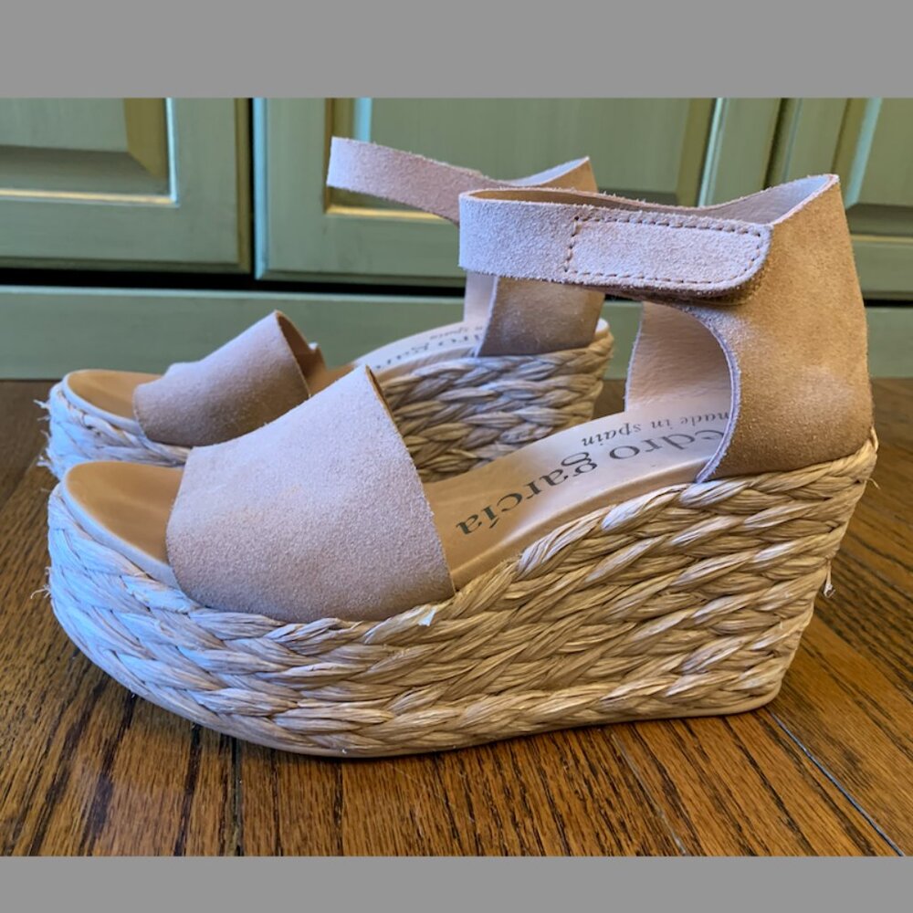 Pedro Garcia Suede Pink/Neutral Braided Wedge Espadrilles